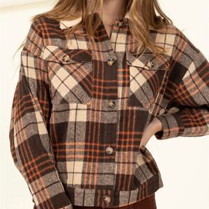 Flannel plaid jacket and skirt set brown